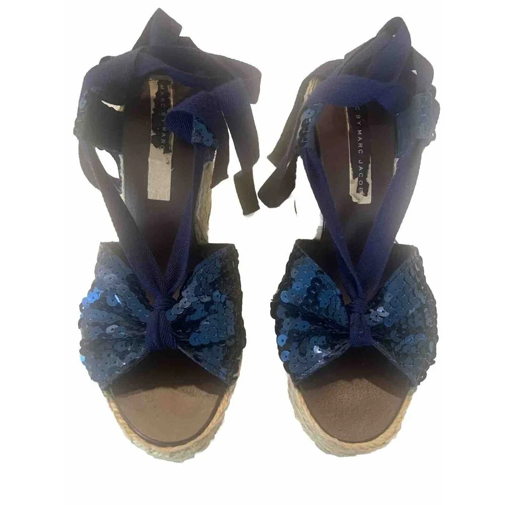 MARC by MARC JACOBS Wedge Women size 39 US 8.5 Blue Sequin Espadrille Heel Shoes